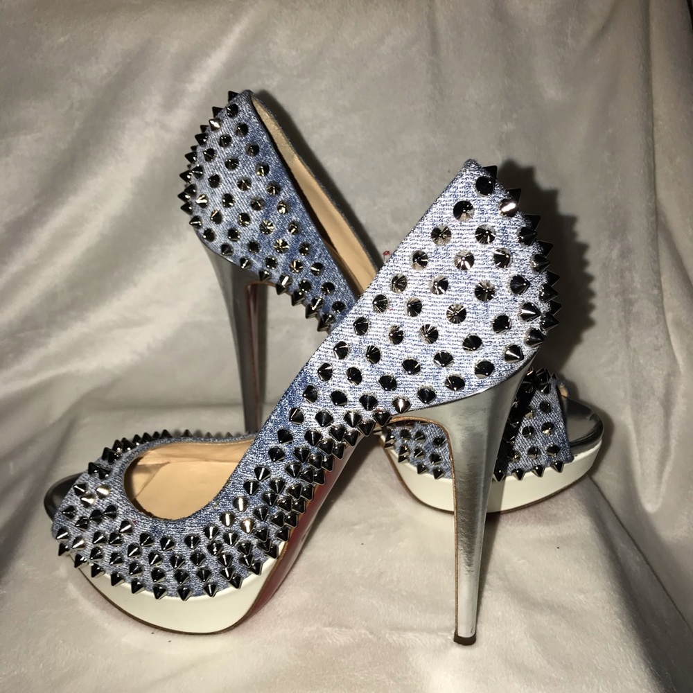 Louboutin Lady Peep Spikes Jean/Patent Pl - Picture 3 of 10